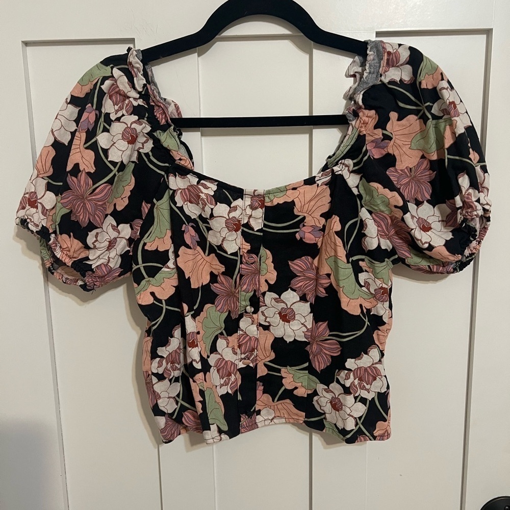 Who What Wear Linen Crop Top Women's XS Floral Print with Puff Sleeve